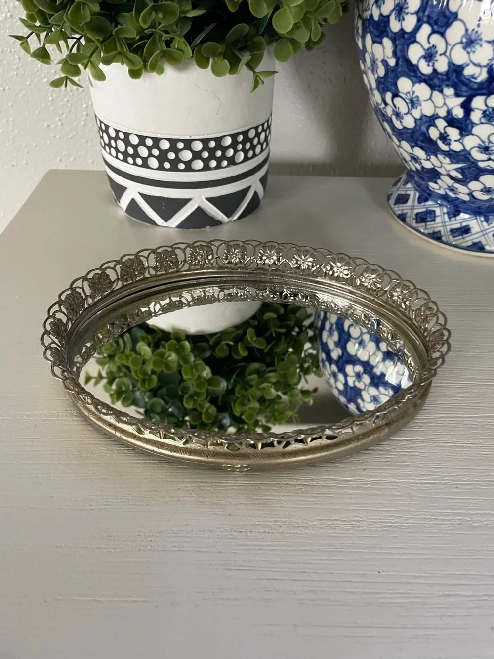 Vintage Oval Hollywood Regency Gold metal mirror vanity trinket tray